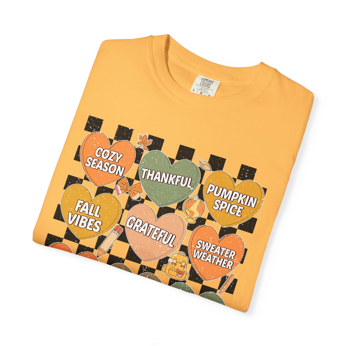 Comfort Colors Fall Shirt | Candy Hearts Distressed T-Shirt | Cozy Autumn Thanksgiving Tee | Unisex Garment Dyed Fall Graphic Shirt