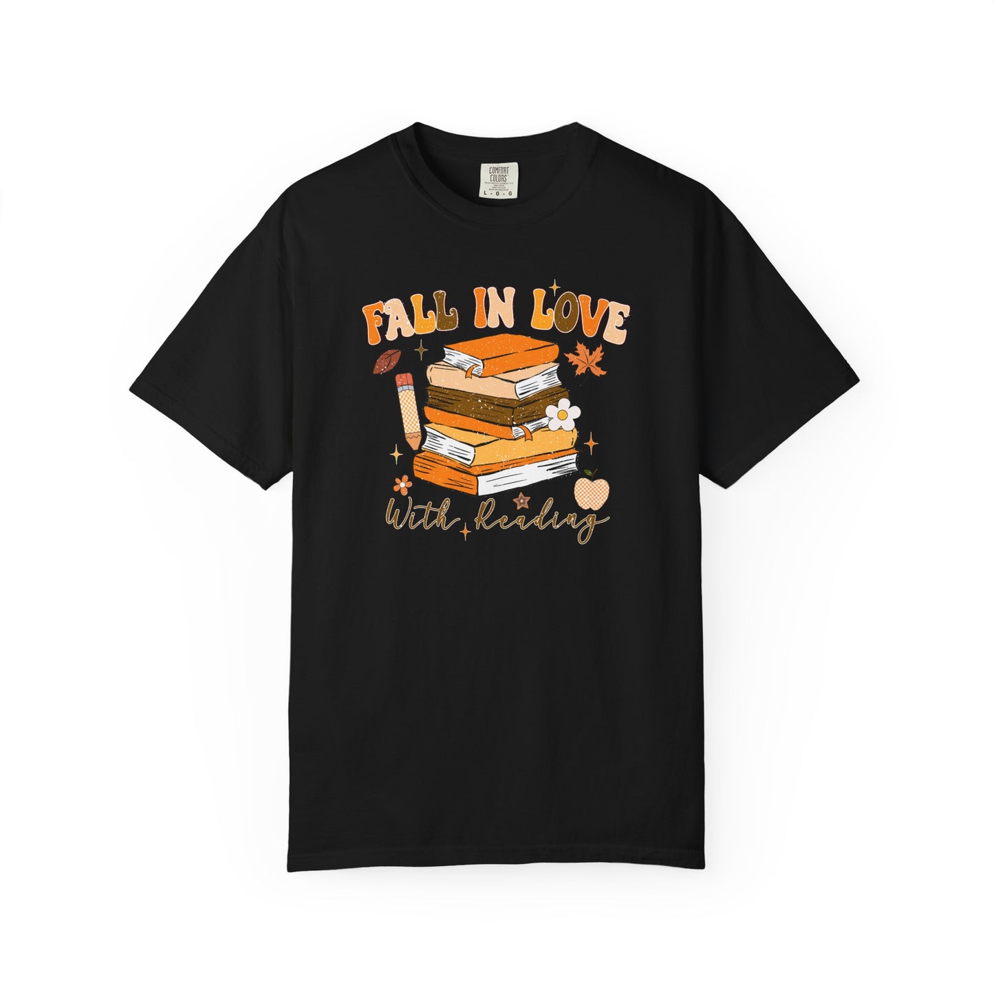 Fall in Love with Reading Shirt | Distressed Book Lover Tee | Custom Color Autumn Teacher T-Shirt | Cozy Reading Graphic Tee