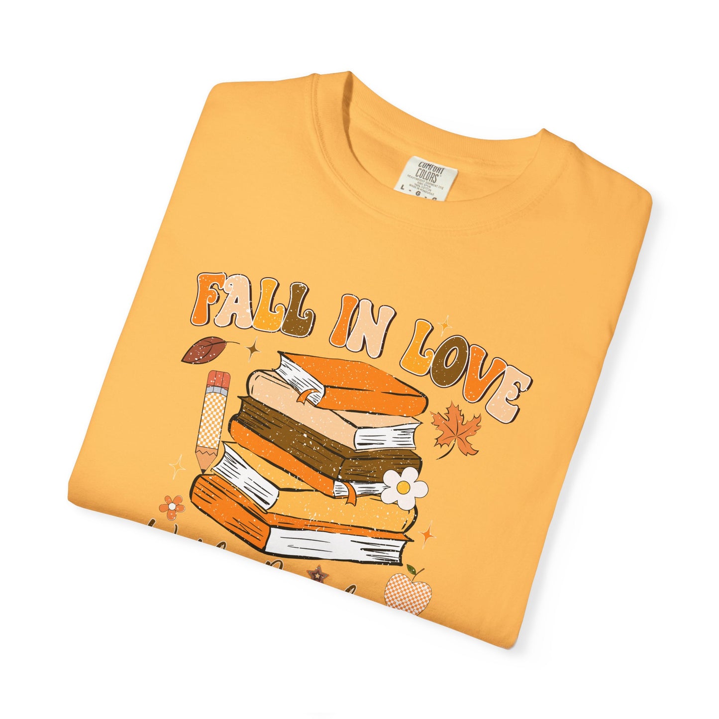 Fall in Love with Reading Shirt | Distressed Book Lover Tee | Custom Color Autumn Teacher T-Shirt | Cozy Reading Graphic Tee