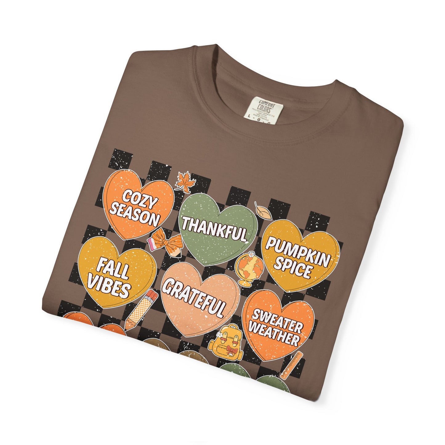 Comfort Colors Fall Shirt | Candy Hearts Distressed T-Shirt | Cozy Autumn Thanksgiving Tee | Unisex Garment Dyed Fall Graphic Shirt