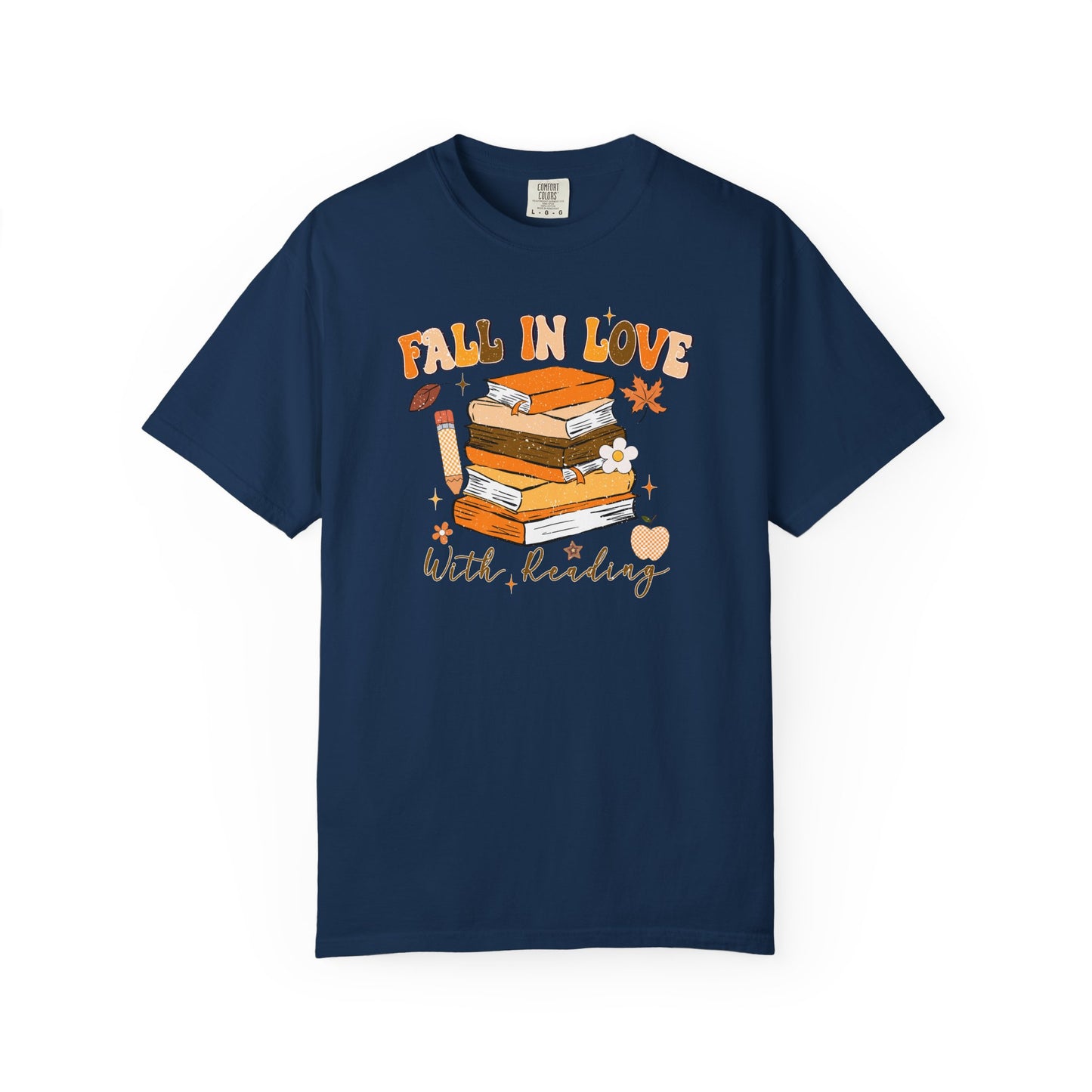 Fall in Love with Reading Shirt | Distressed Book Lover Tee | Custom Color Autumn Teacher T-Shirt | Cozy Reading Graphic Tee