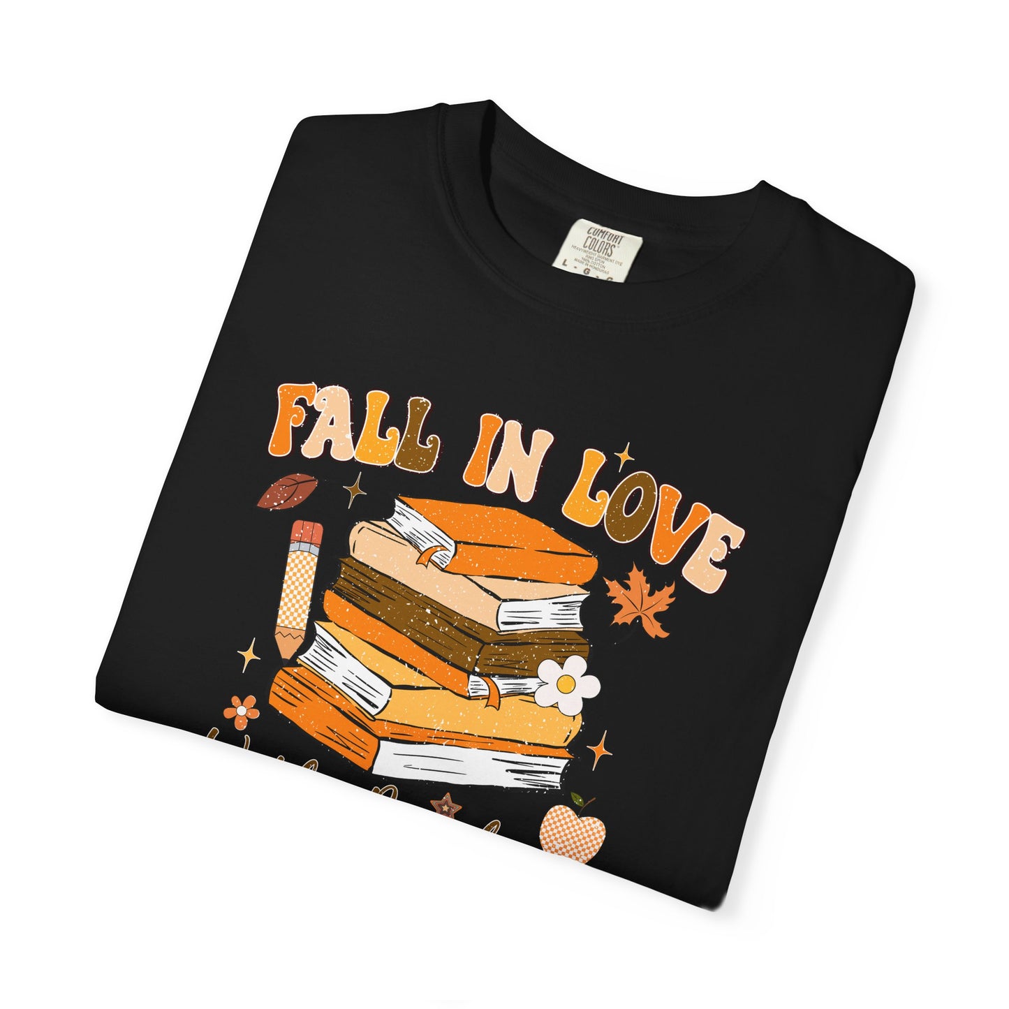 Fall in Love with Reading Shirt | Distressed Book Lover Tee | Custom Color Autumn Teacher T-Shirt | Cozy Reading Graphic Tee