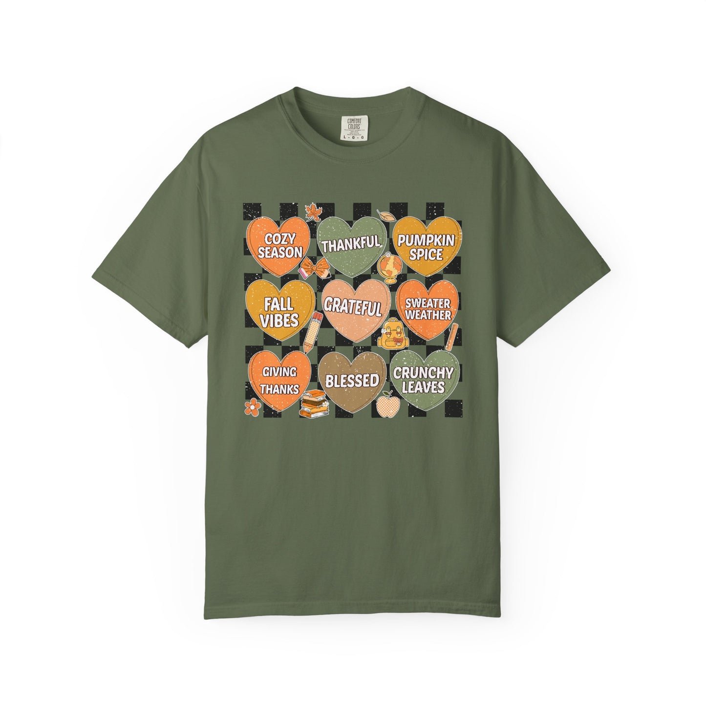 Comfort Colors Fall Shirt | Candy Hearts Distressed T-Shirt | Cozy Autumn Thanksgiving Tee | Unisex Garment Dyed Fall Graphic Shirt