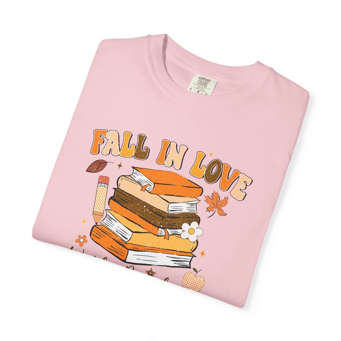 Fall in Love with Reading Shirt | Distressed Book Lover Tee | Custom Color Autumn Teacher T-Shirt | Cozy Reading Graphic Tee