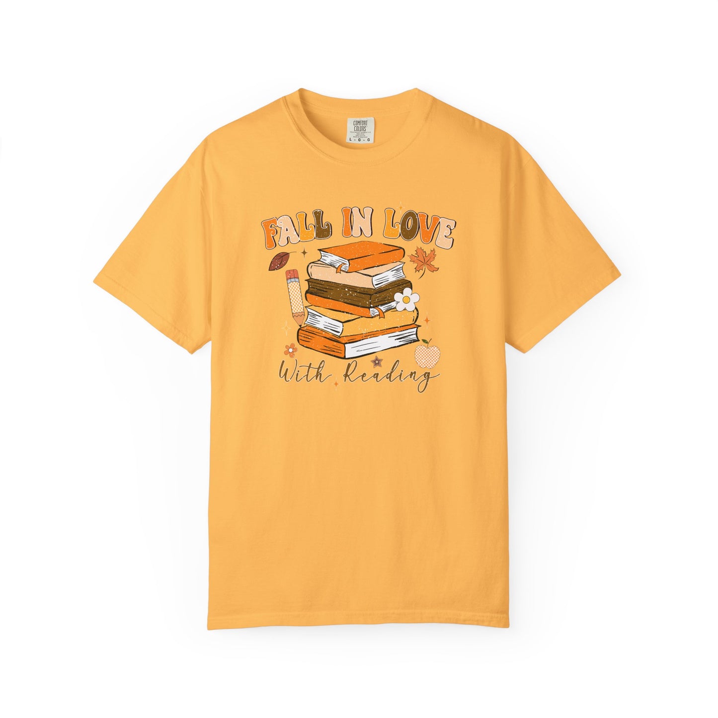Fall in Love with Reading Shirt | Distressed Book Lover Tee | Custom Color Autumn Teacher T-Shirt | Cozy Reading Graphic Tee