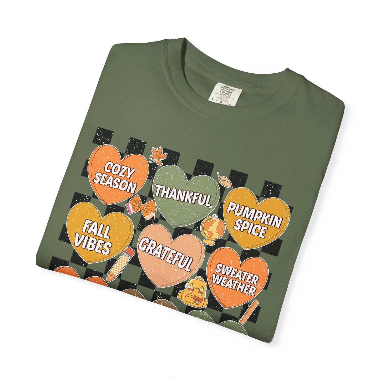 Comfort Colors Fall Shirt | Candy Hearts Distressed T-Shirt | Cozy Autumn Thanksgiving Tee | Unisex Garment Dyed Fall Graphic Shirt