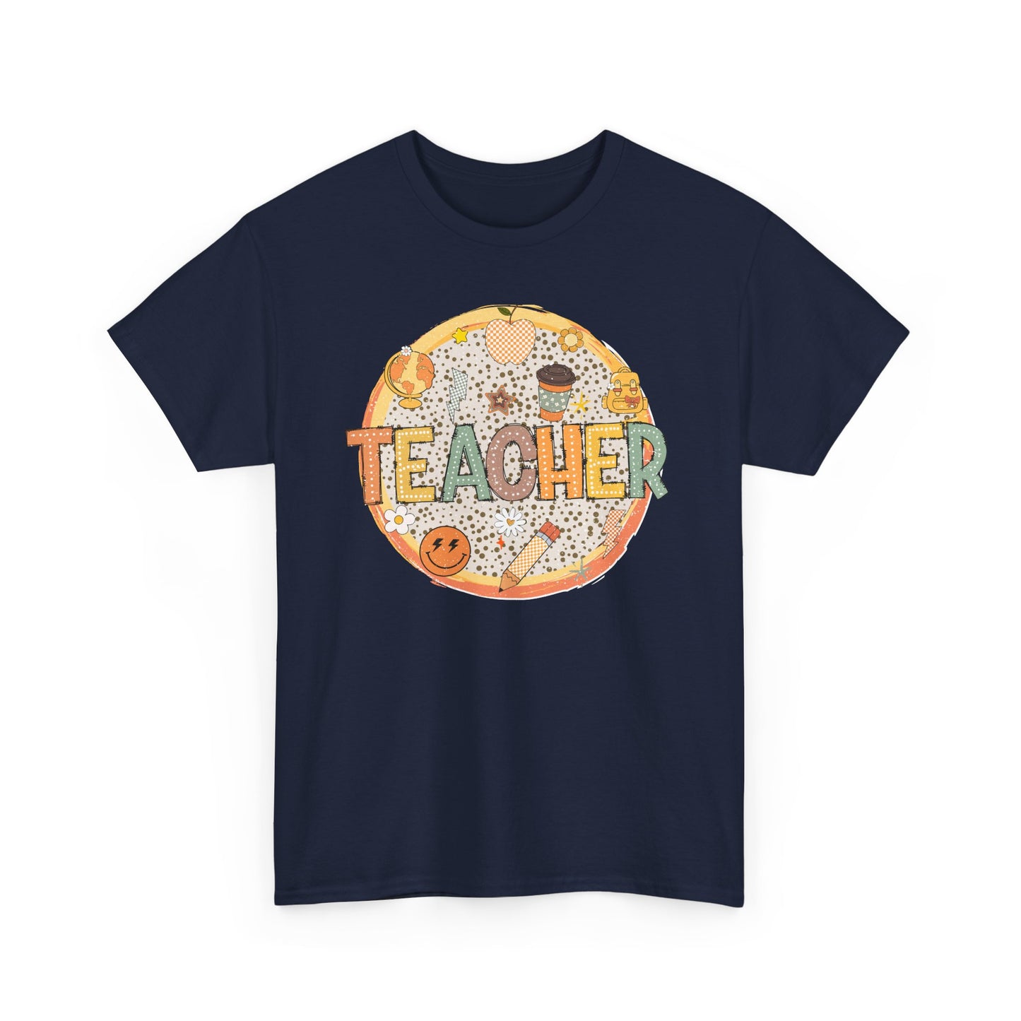 Teacher Circle Icons Shirt | Gildan Teacher T-Shirt with Pencil Apple Globe | Cute Classroom Graphic Tee | Teacher Gift Top