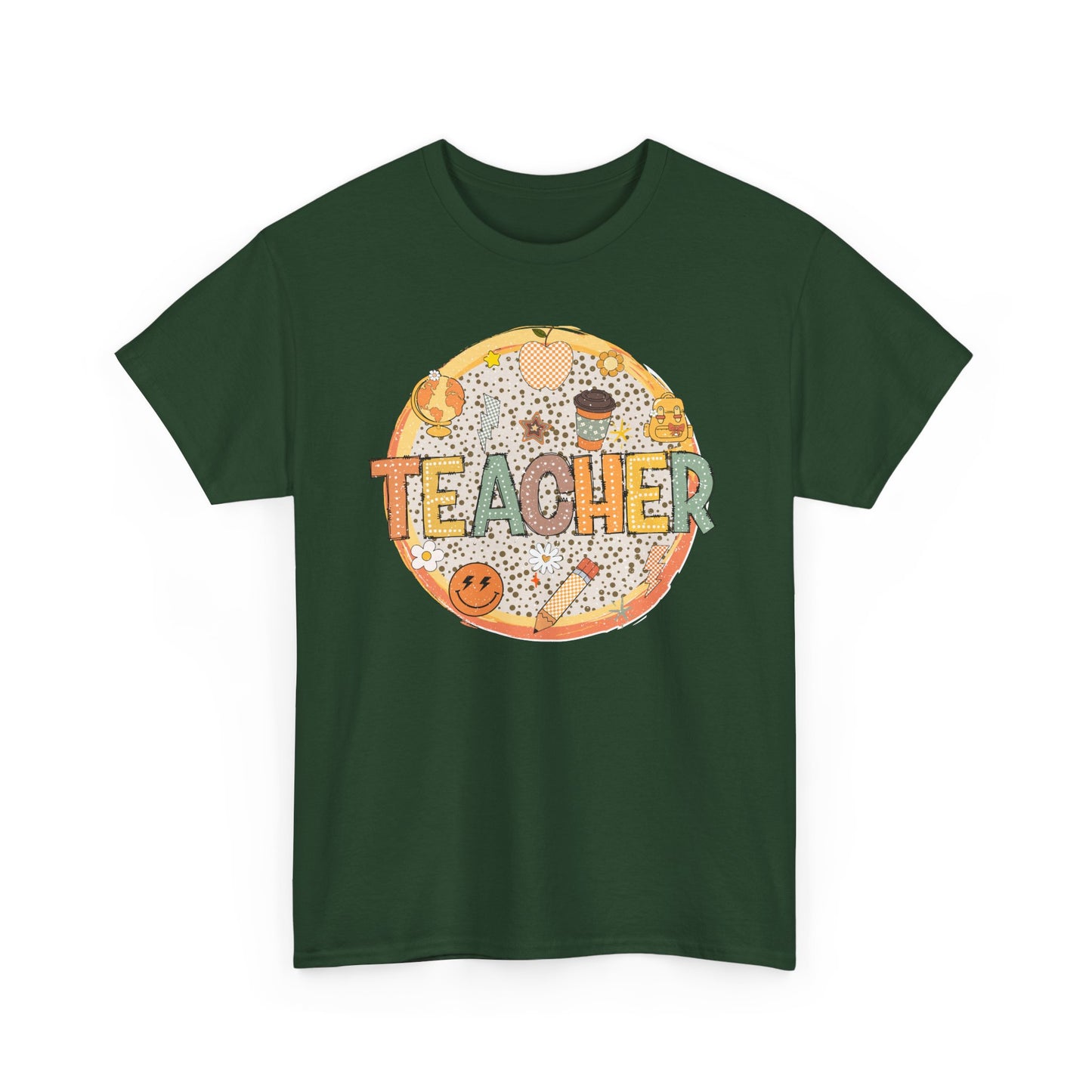 Teacher Circle Icons Shirt | Gildan Teacher T-Shirt with Pencil Apple Globe | Cute Classroom Graphic Tee | Teacher Gift Top