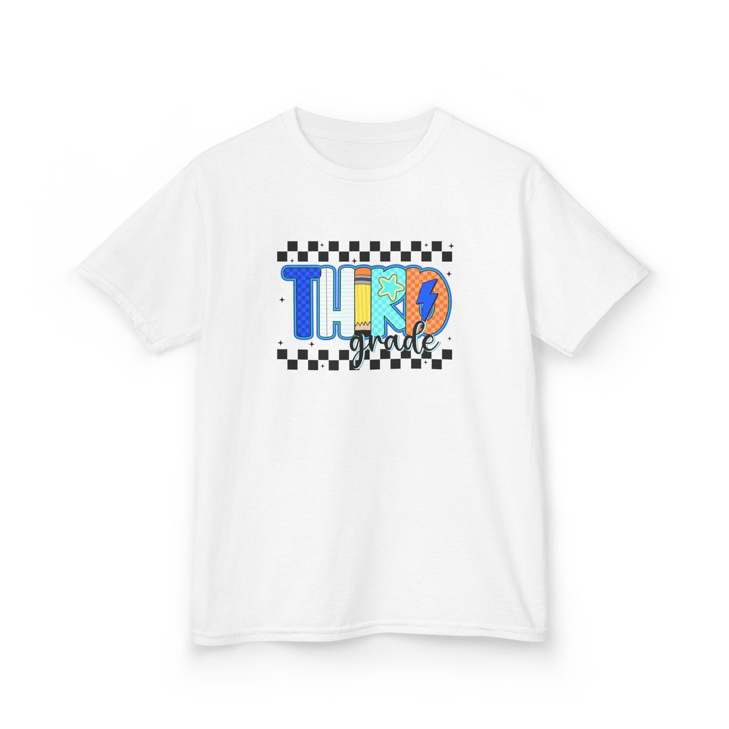 Youth Tee - "Third Grade" Colorful Checkerboard Back-to-School Shirt