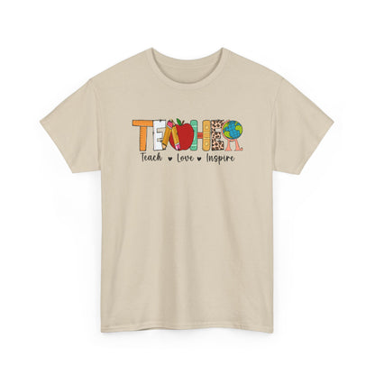 Teacher T‑Shirt – "Teach • Love • Inspire" Colorful Apple & Globe Design