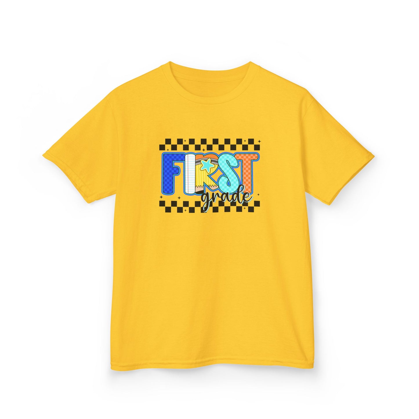 Youth Tee - "First Grade" Colorful Checkerboard Back-to-School Shirt