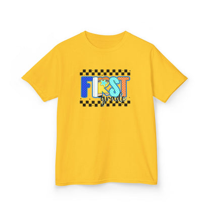 Youth Tee - "First Grade" Colorful Checkerboard Back-to-School Shirt