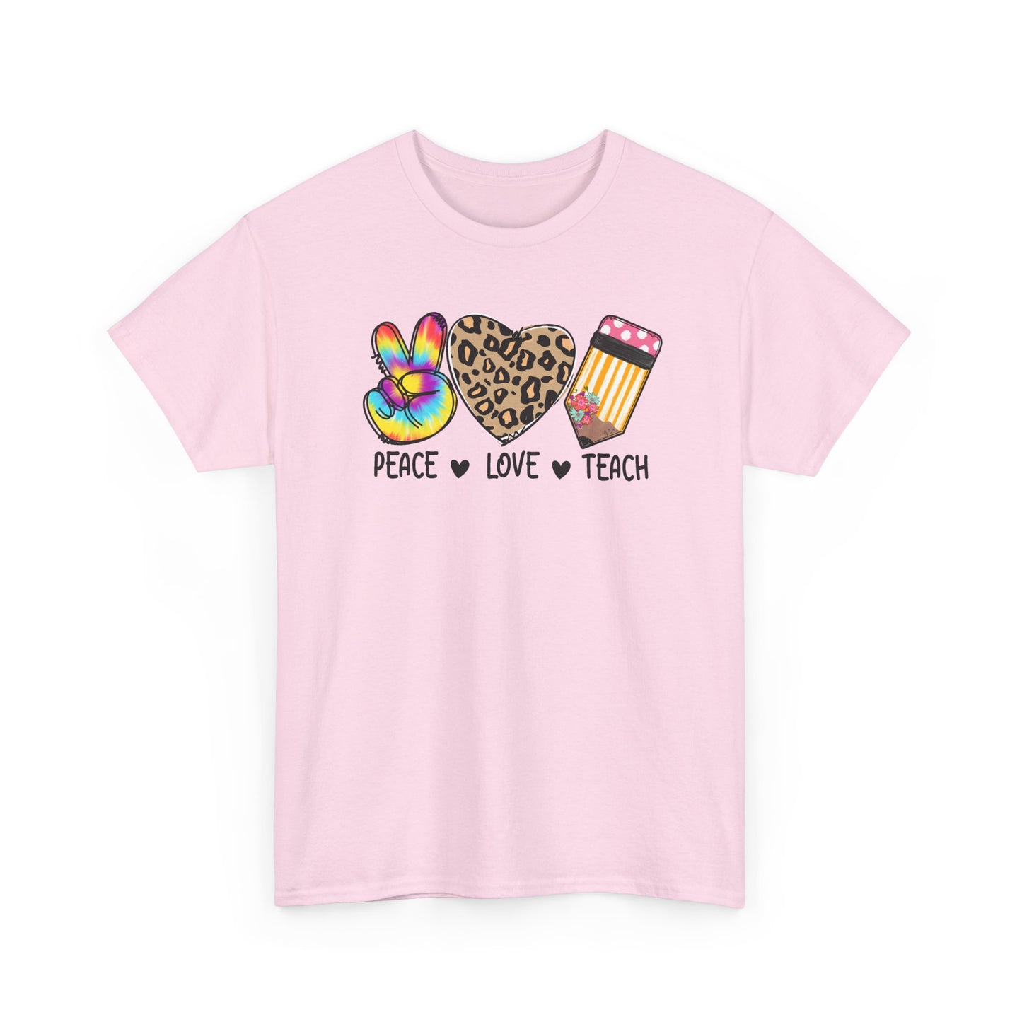 Peace Love Teach T-Shirt - Teacher Gift Tee with Peace Sign, Leopard Heart & Pencil Design