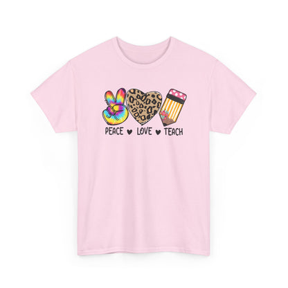 Peace Love Teach T-Shirt - Teacher Gift Tee with Peace Sign, Leopard Heart & Pencil Design