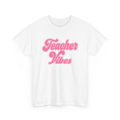 Teacher Vibes T-Shirt - Pink Retro Script Tee for Teachers, Teacher Appreciation Gift