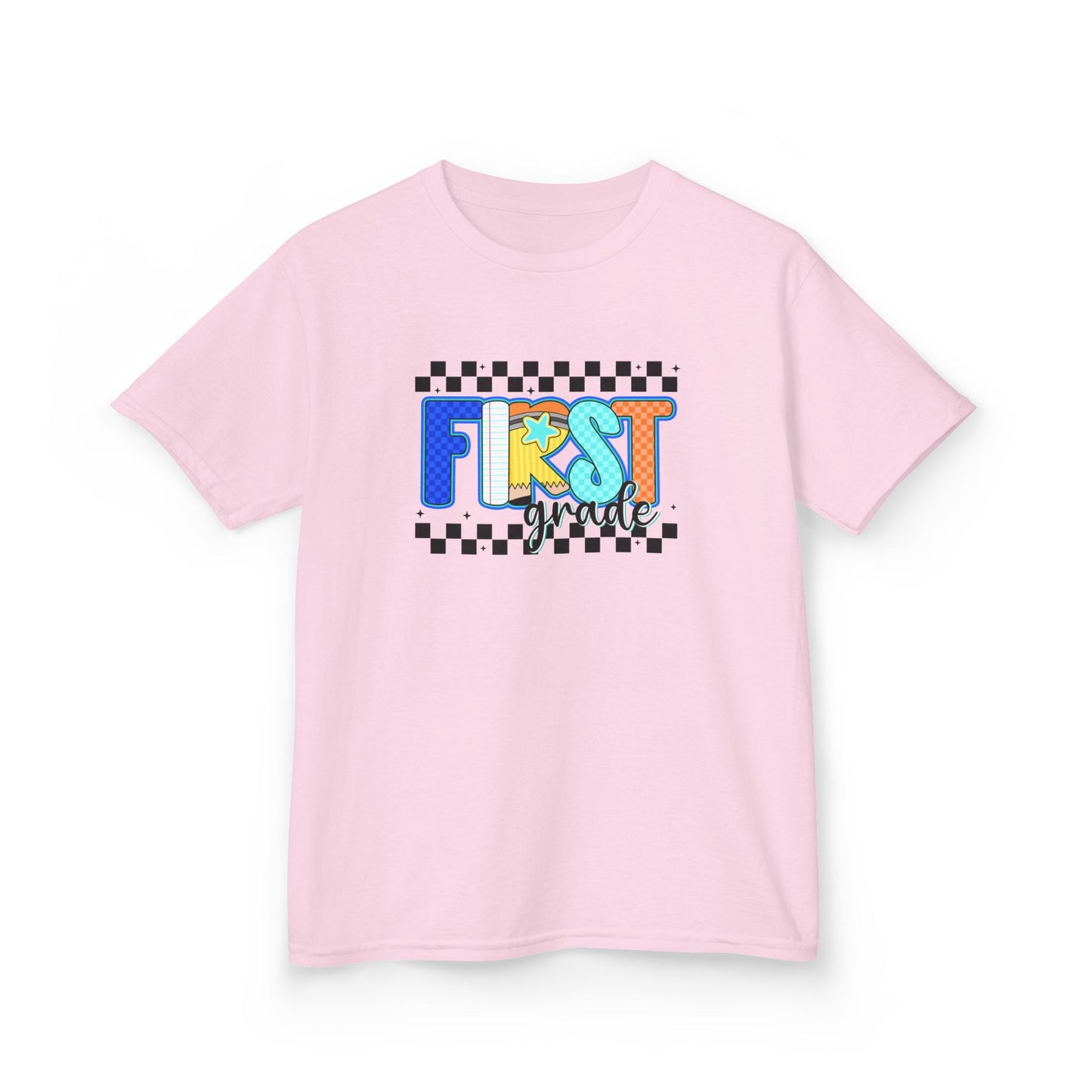 Youth Tee - "First Grade" Colorful Checkerboard Back-to-School Shirt