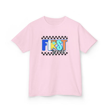 Youth Tee - "First Grade" Colorful Checkerboard Back-to-School Shirt