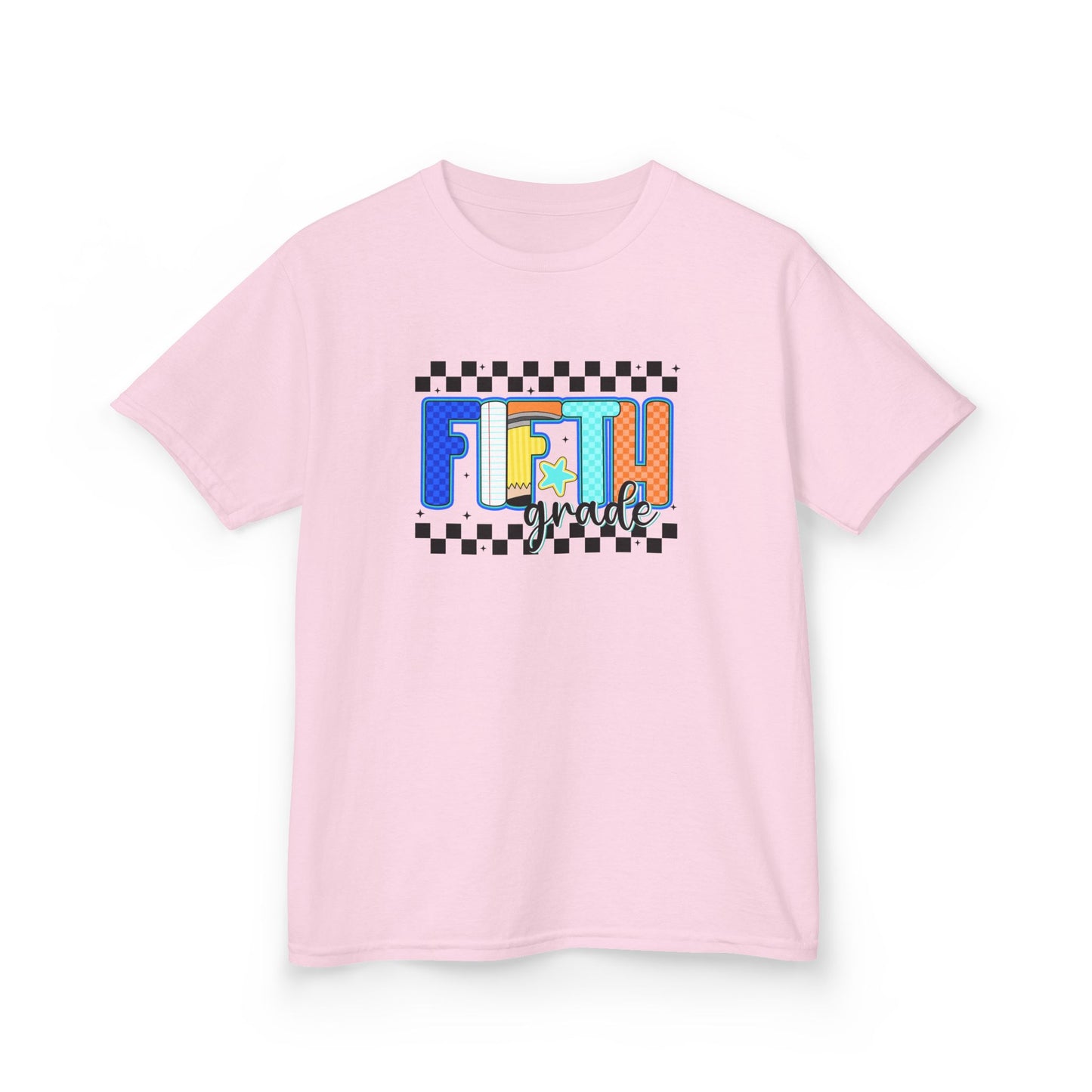 Youth Tee - "Fifth Grade" Colorful Checkerboard Back-to-School Shirt