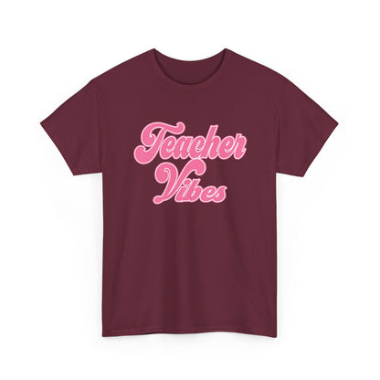 Teacher Vibes T-Shirt - Pink Retro Script Tee for Teachers, Teacher Appreciation Gift