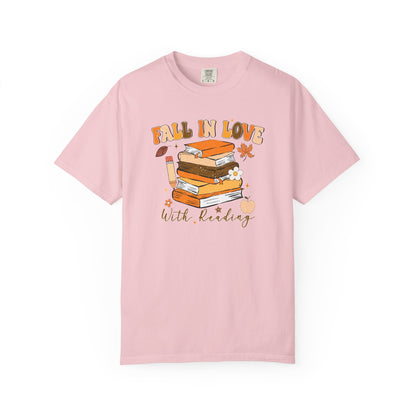 Fall in Love with Reading Shirt | Distressed Book Lover Tee | Custom Color Autumn Teacher T-Shirt | Cozy Reading Graphic Tee
