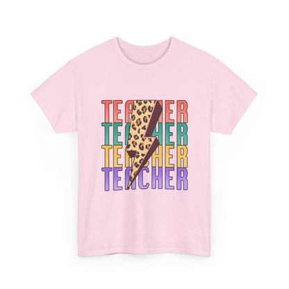 Teacher Lightning Bolt Graphic Tee -  Colorful Leopard Print Teacher Shirt
