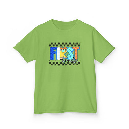 Youth Tee - "First Grade" Colorful Checkerboard Back-to-School Shirt
