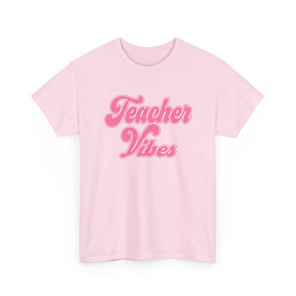 Teacher Vibes T-Shirt - Pink Retro Script Tee for Teachers, Teacher Appreciation Gift