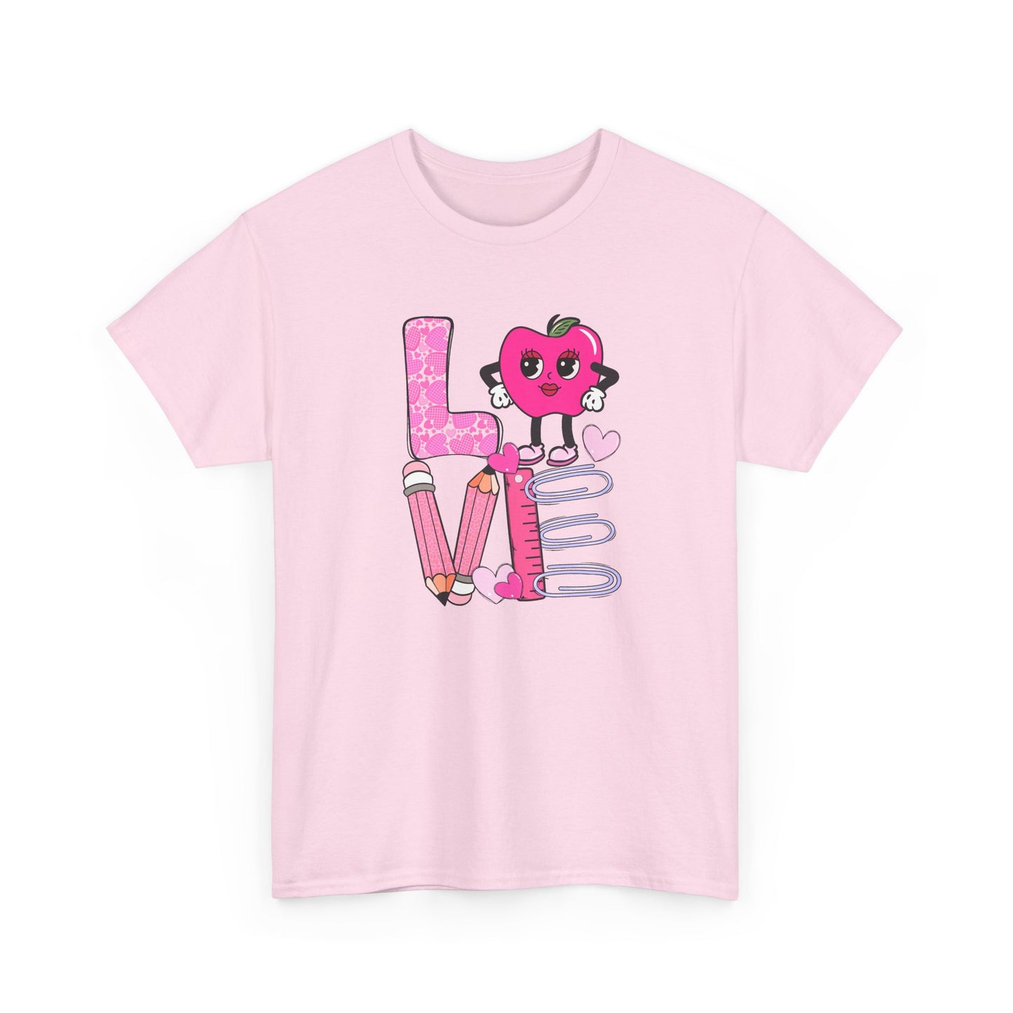 Love School Graphic Tee  - Cute Pink Apple, Pencil & Notebook Heart Design
