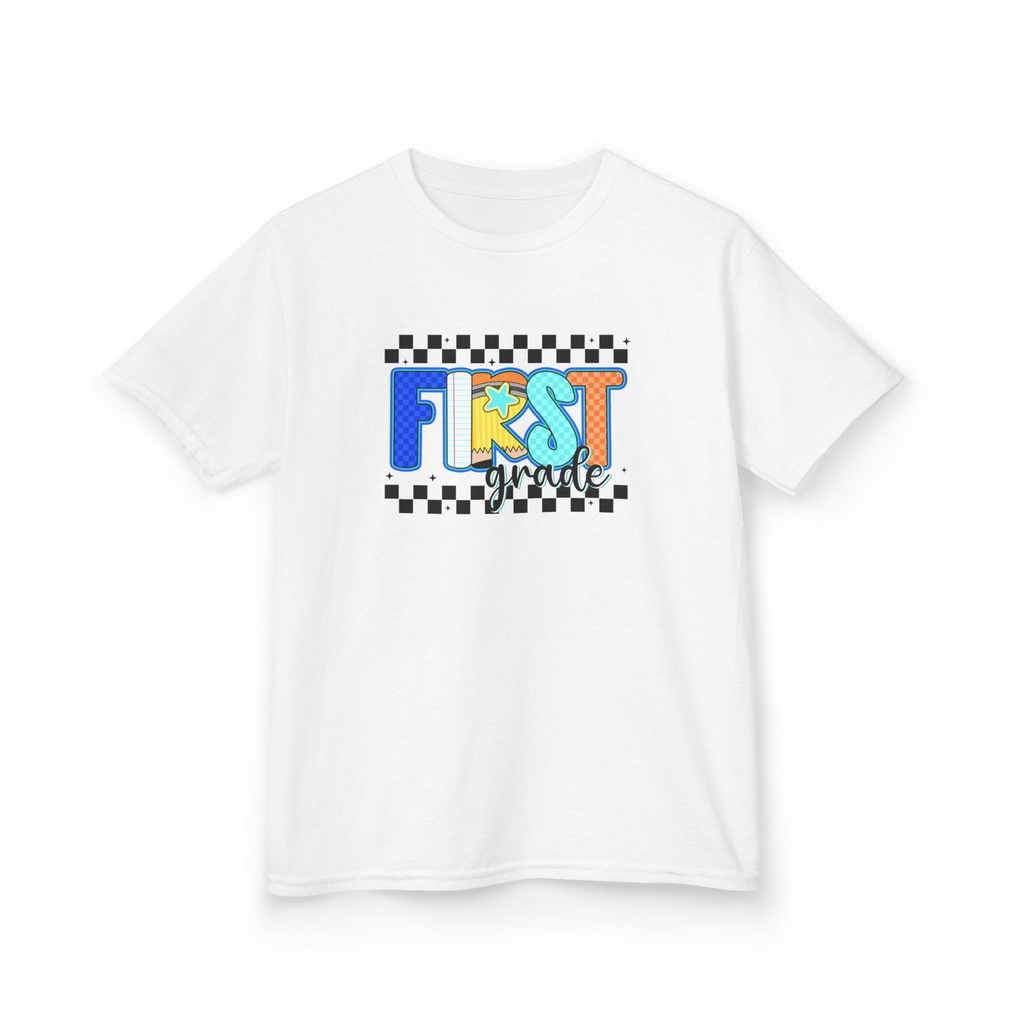 Youth Tee - "First Grade" Colorful Checkerboard Back-to-School Shirt