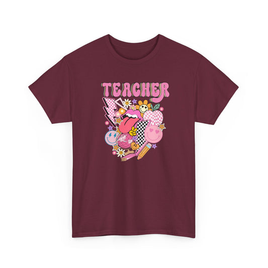 Teacher Graphic Tee - Cute Pink Retro Patchwork Design