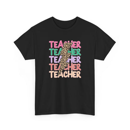 Teacher Leopard Pencil Graphic Tee - Colorful Retro Teacher T-Shirt