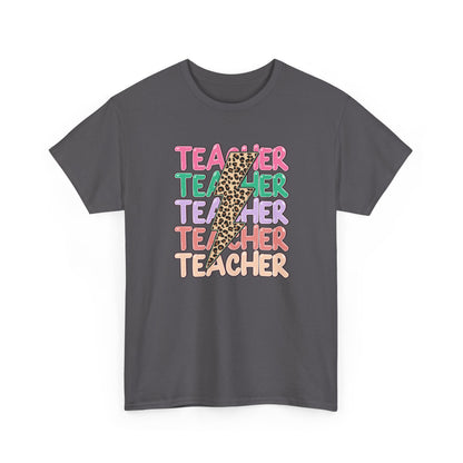 Teacher Leopard Pencil Graphic Tee - Colorful Retro Teacher T-Shirt
