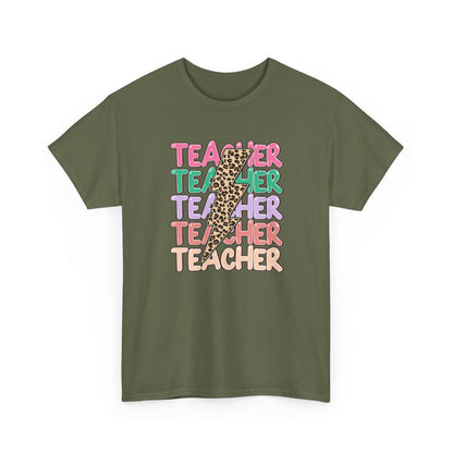 Teacher Leopard Pencil Graphic Tee - Colorful Retro Teacher T-Shirt