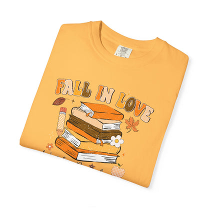 Fall in Love with Reading Shirt | Distressed Book Lover Tee | Custom Color Autumn Teacher T-Shirt | Cozy Reading Graphic Tee