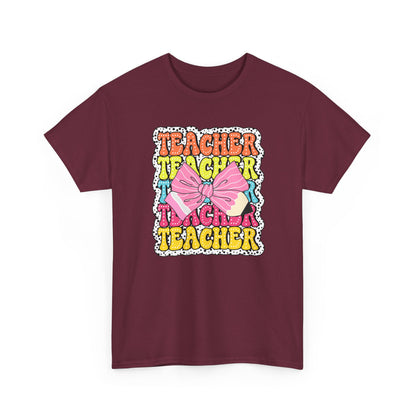 Teacher Pink Bow Graphic Tee - Retro Colorful ‘Teacher’ Design