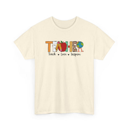 Teacher T‑Shirt – "Teach • Love • Inspire" Colorful Apple & Globe Design