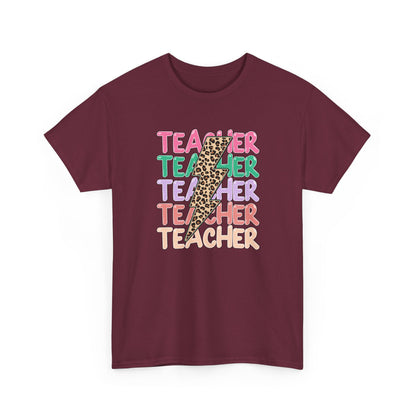 Teacher Leopard Pencil Graphic Tee - Colorful Retro Teacher T-Shirt