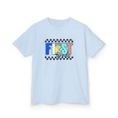 Youth Tee - "First Grade" Colorful Checkerboard Back-to-School Shirt