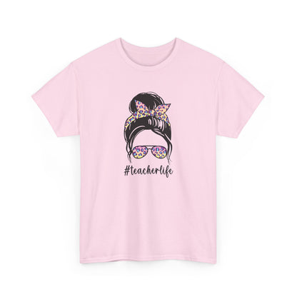 Teacher Life Graphic Tee - Messy Bun Sunglasses Floral Bandana #teacherlife