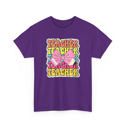 Teacher Pink Bow Graphic Tee - Retro Colorful ‘Teacher’ Design