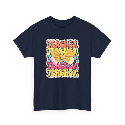 Teacher Sticker Graphic T-Shirt - Colorful Retro 'Teacher' Design