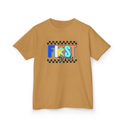 Youth Tee - "First Grade" Colorful Checkerboard Back-to-School Shirt