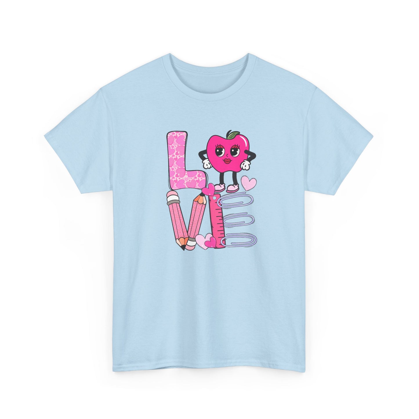 Love School Graphic Tee  - Cute Pink Apple, Pencil & Notebook Heart Design