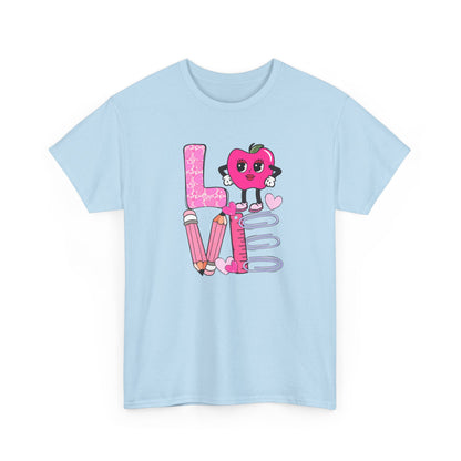 Love School Graphic Tee  - Cute Pink Apple, Pencil & Notebook Heart Design
