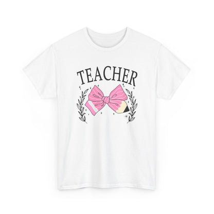 Teacher Pink Bow T-Shirt - Cute Floral School Gift for Educators