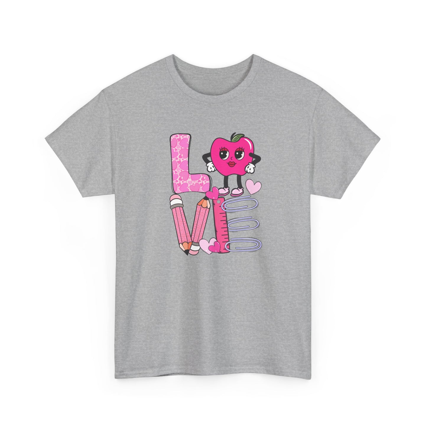 Love School Graphic Tee  - Cute Pink Apple, Pencil & Notebook Heart Design