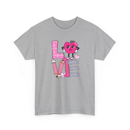 Love School Graphic Tee  - Cute Pink Apple, Pencil & Notebook Heart Design