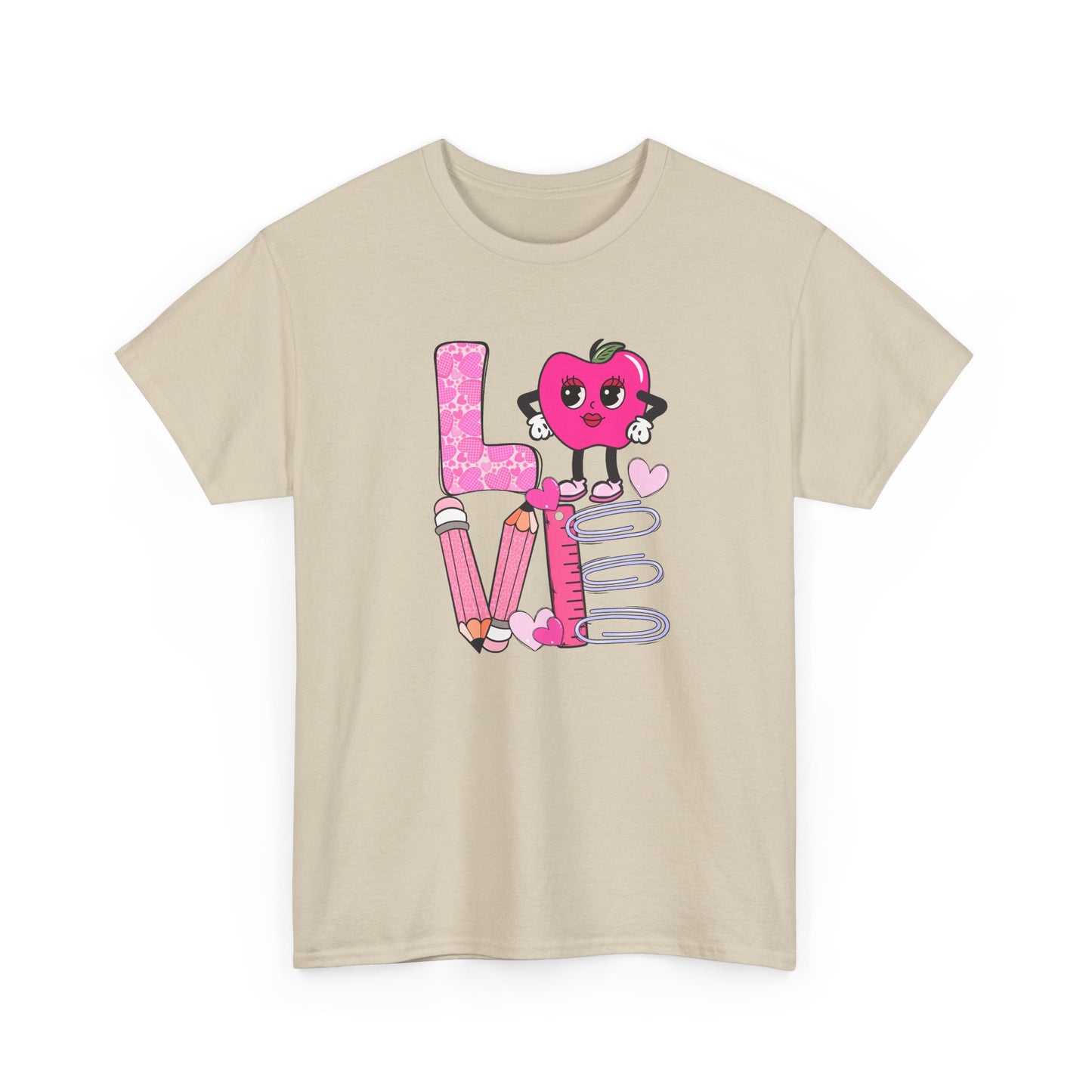 Love School Graphic Tee  - Cute Pink Apple, Pencil & Notebook Heart Design