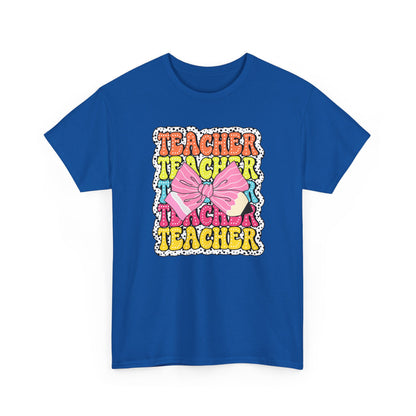 Teacher Pink Bow Graphic Tee - Retro Colorful ‘Teacher’ Design