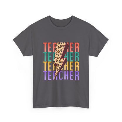 Teacher Lightning Bolt Graphic Tee -  Colorful Leopard Print Teacher Shirt